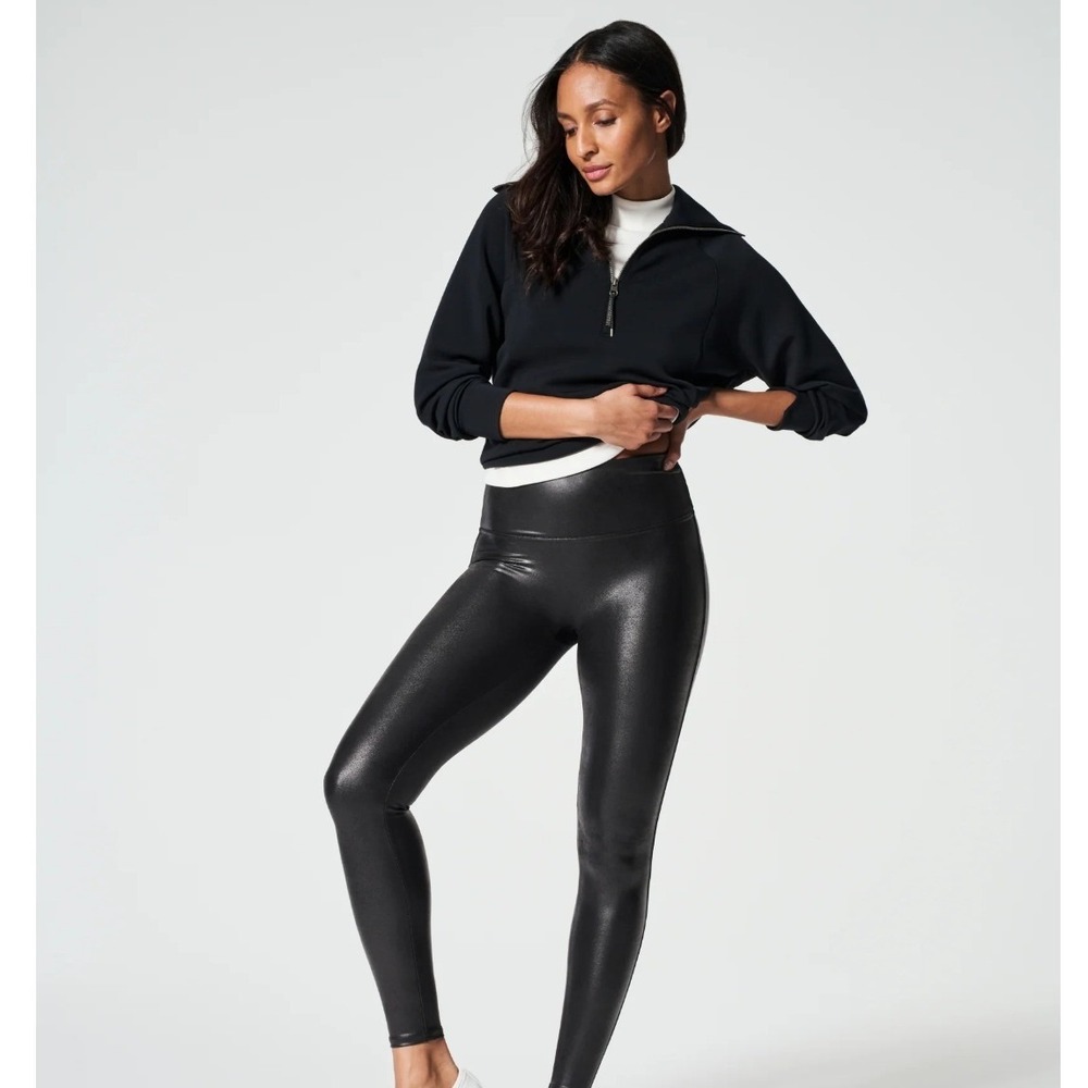 SPANX Faux Leather Leggings Shaping Waist Smooth Fit Black XL luxury designer